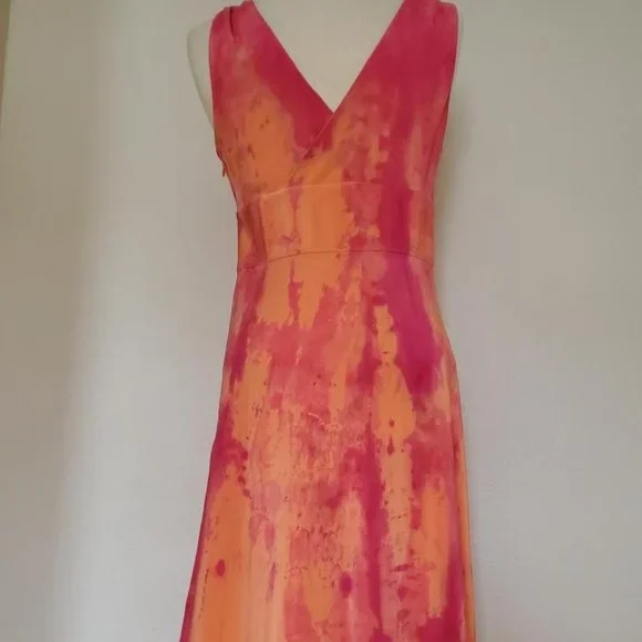 Silk Short Dress large 10 12 XL bridesmaid tie dyed party peach pink orange red